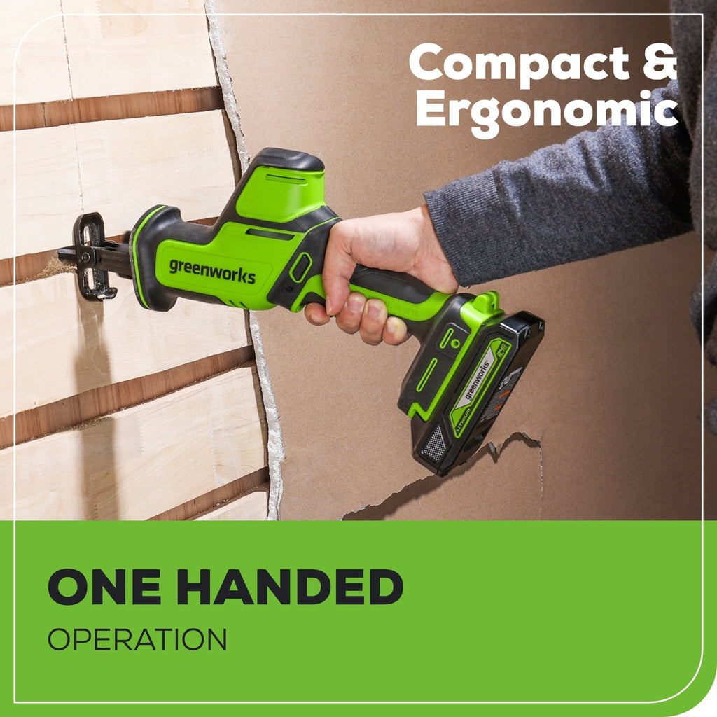 24V 1" One-Handed Compact Reciprocating Saw: 2.0 Ah Battery and Charger