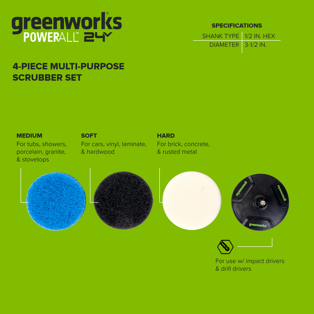4-Piece Multipurpose 3-1/2" Scrubber Set for Most Surfaces, Used with Impact or Drill Drivers