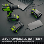 24V PowerAll Pro 1/2" 530 in-lb Drill Driver, with 2.0Ah USB-C Battery, 30W Charger Block, 3' 100W Cable and 10-PCS Drill Bit Set