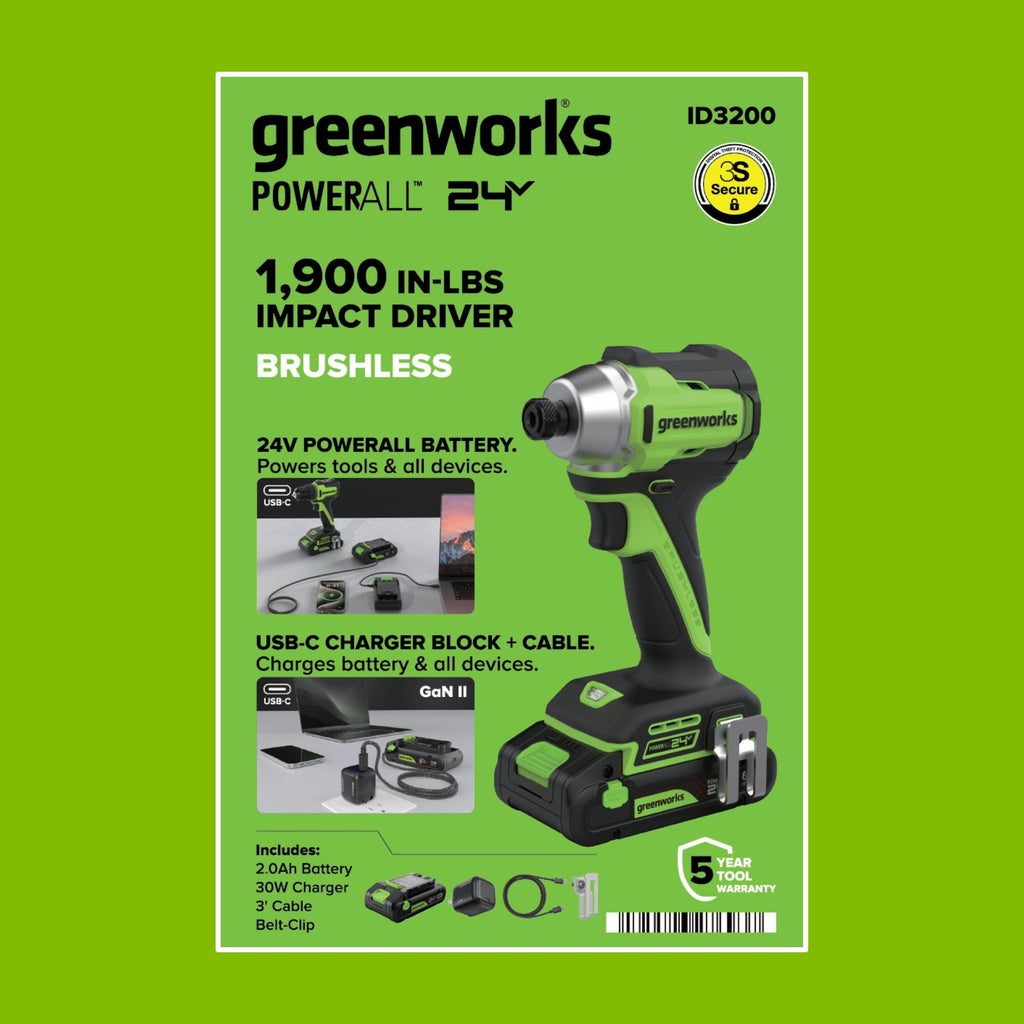 24V PowerAll 1,900 In-Lb Impact Driver, with 2.0 Ah USB-C Battery, 30W USB-C Charger Block, 3' 100W USB-C Cable, Belt Clip