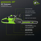 60V 16" 1.5kW Cordless Battery Chainsaw: 2.5 Ah Battery and 3A Charger