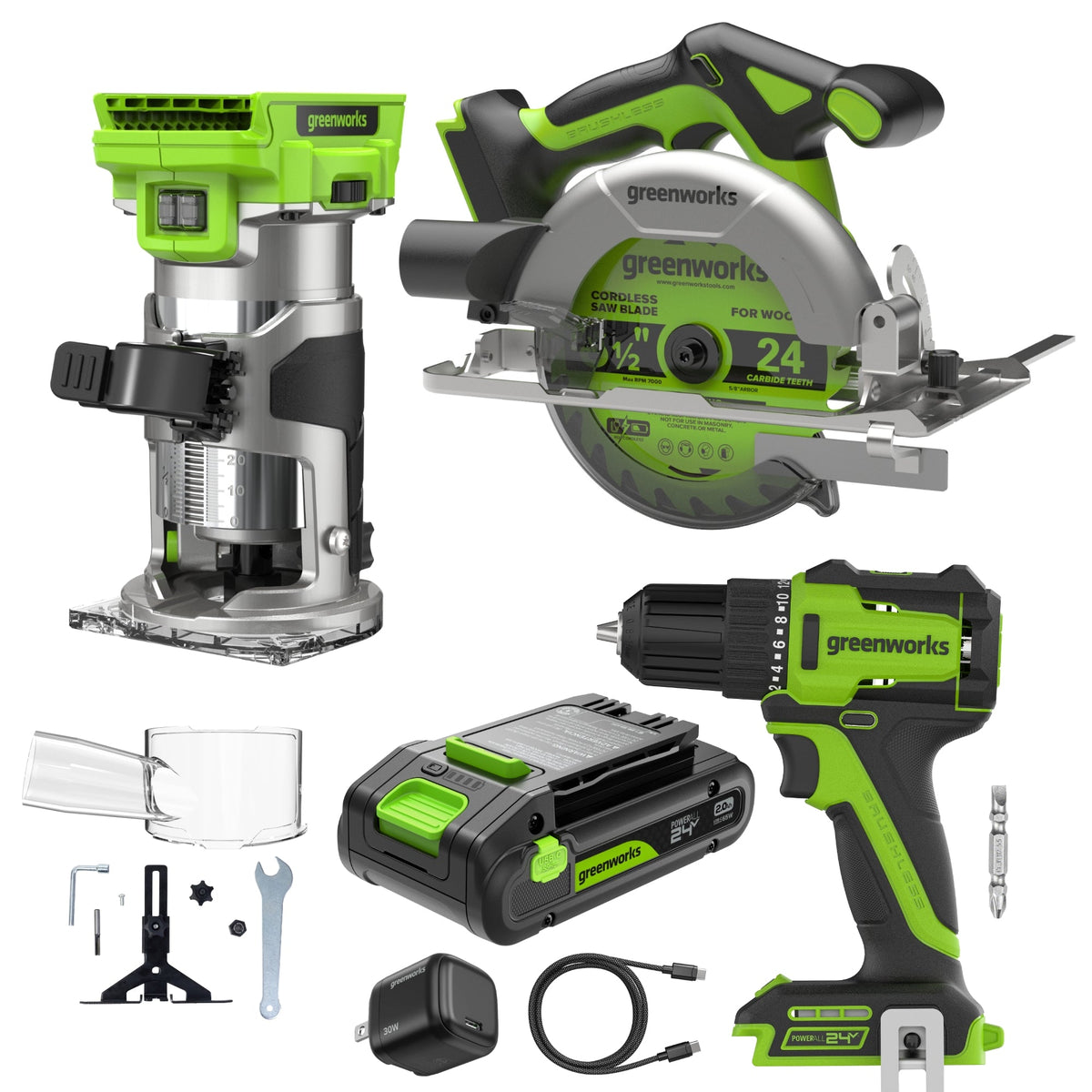24V Cordless 280 in-lbs Drill/Driver Power Tool 3PC Combo Kit w/ 6-1/2" Circular Saw & Compact Router: (1) 2.0Ah USB-C Battery, (1) 30W USB-C Charger, (1) 3' 100W USB-C Cable