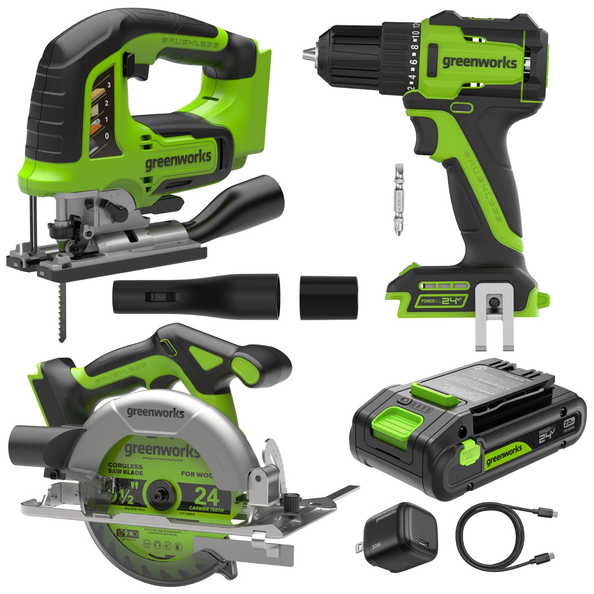 24V Cordless 280 in-lbs Drill/Driver Power Tool 3PC Combo Kit w/ 6-1/2" Circular Saw & 3000SPM Jig Saw: (1) 2.0Ah USB-C Battery & Charger, (1) 3' 100W USB-C Cable