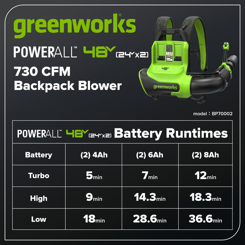 48V (24V x 2) 730 CFM Cordless Battery Dual-Port Backpack Blower: (2) 8.0 Ah Battery, 100W Charger and (2) 3-Ft Cables