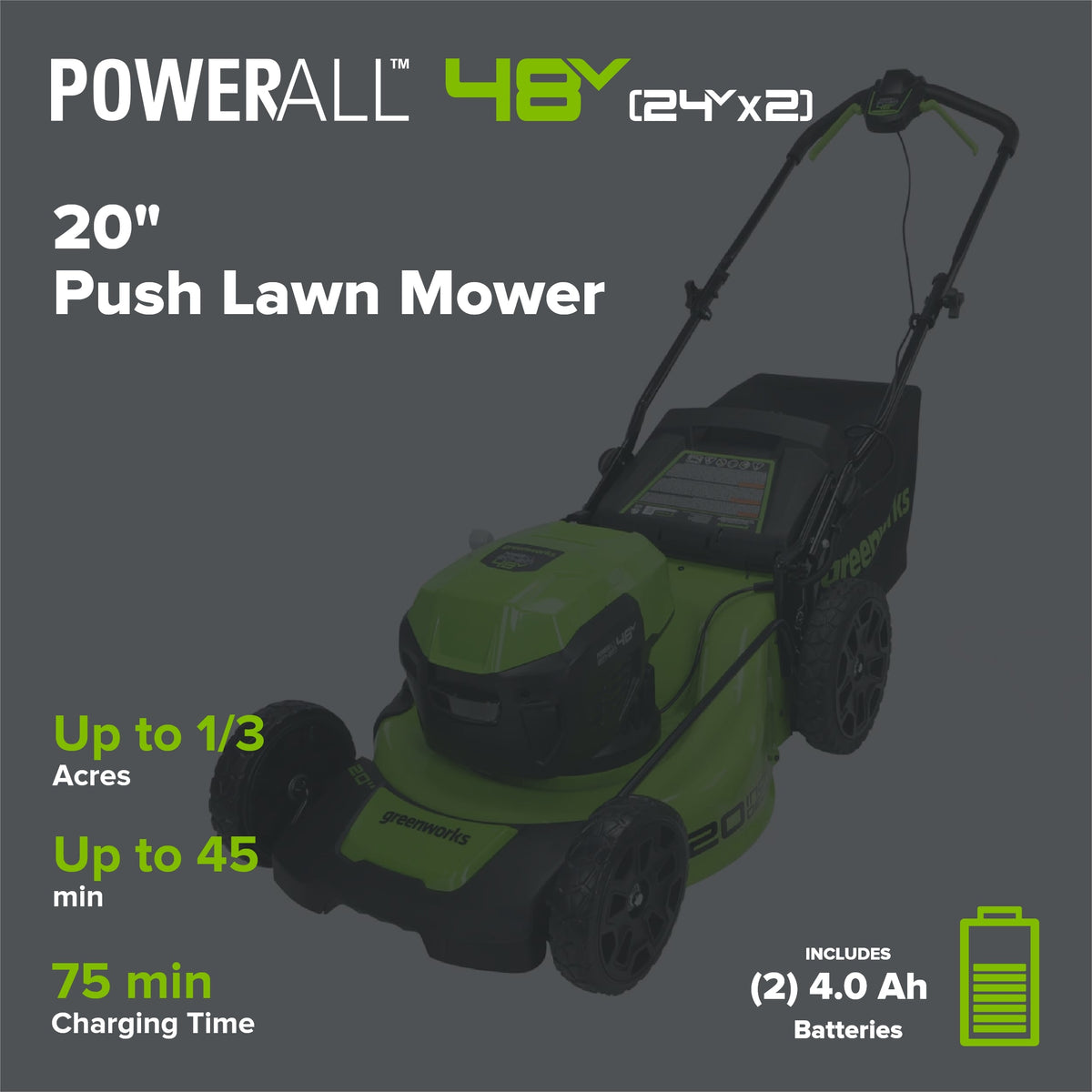 48V (24V x 2) 20" Cordless Battery Push Mower 3PC Combo Kit: (2) 4.0 Ah USB Batteries,(1) 2.0 Ah Battery,(1) Dual-Port Rapid Charger and (1) Charger