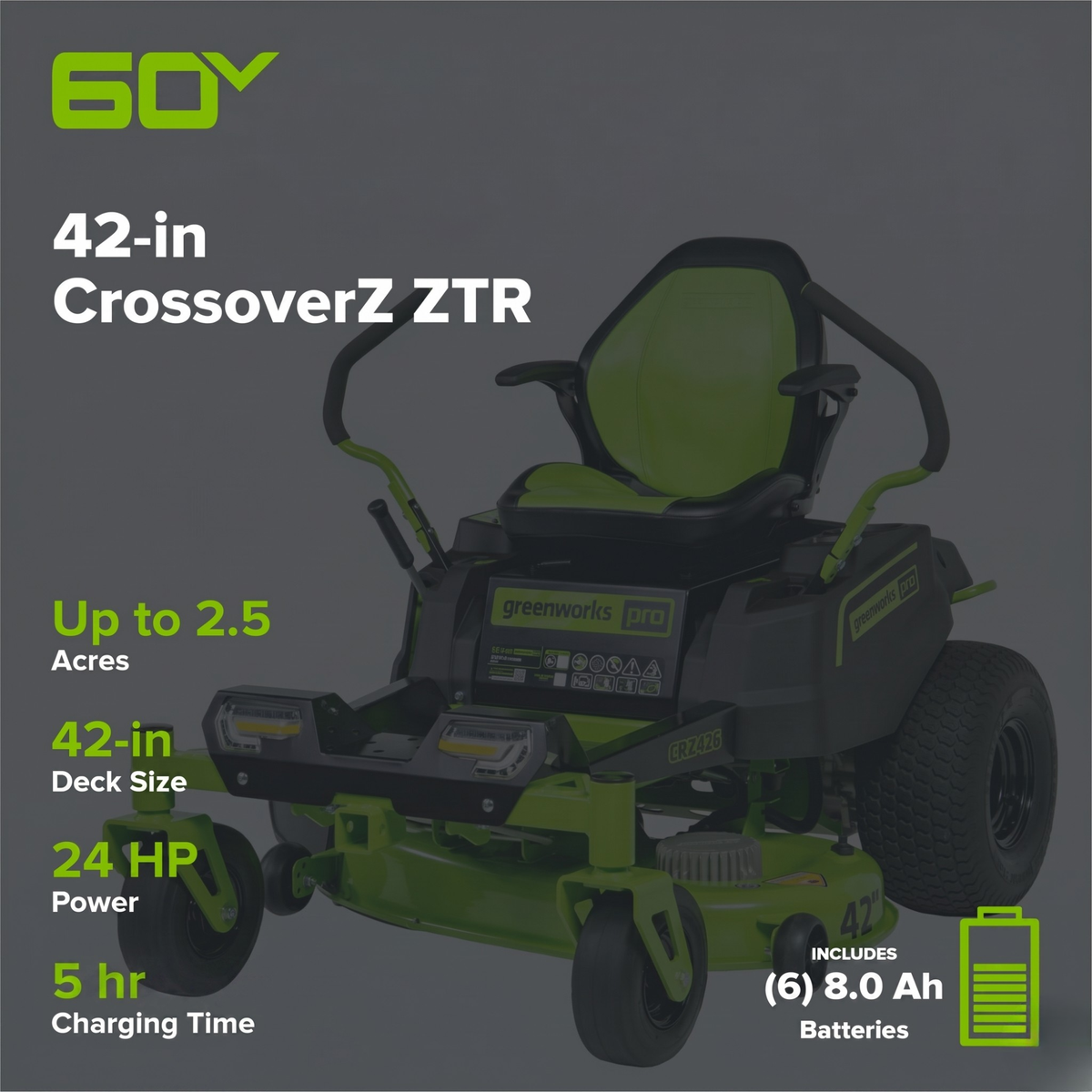 60V 42" Electric CrossoverZ Zero Turn Mower: (6) 8 Ah Batteries and 600W Wall Charger, CRZ4262