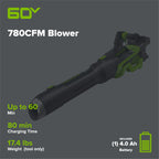 Pro 60V 780CFM Cordless Battery Leaf Blower, 4Ah Battery and Charger