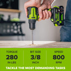 24V PowerAll 3/8" 280 in-lb Drill, with 2.0 Ah USB-C Battery, 30W USB-C Charger Block, 3' 100W USB-C Cable, 10-PC Drill Bit Set