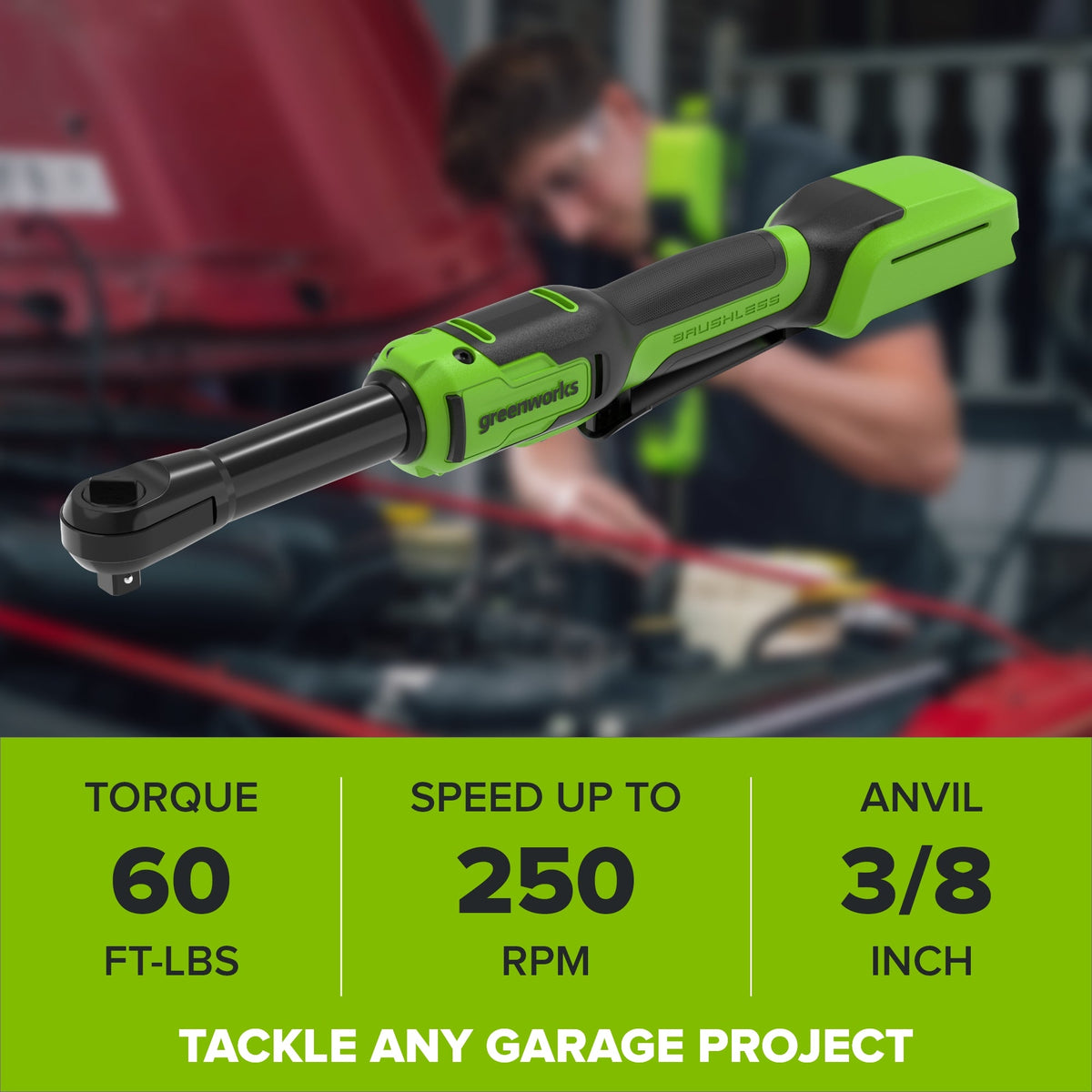 24V PowerAll 60 ft-lb 3/8" Extended Reach Ratchet Wrench, with 2.0 Ah Battery, 30W Charger, and 3' Cable