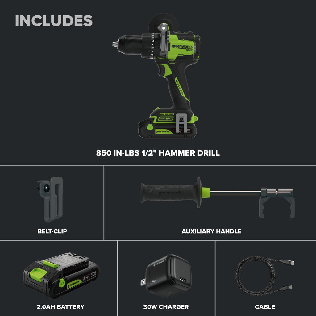 24V PowerAll Pro 850 in-lb 1/2" Hammer Drill, with 2.0 Ah USB-C Battery, 30W Charger, Belt Clip, and Auxiliary Handle