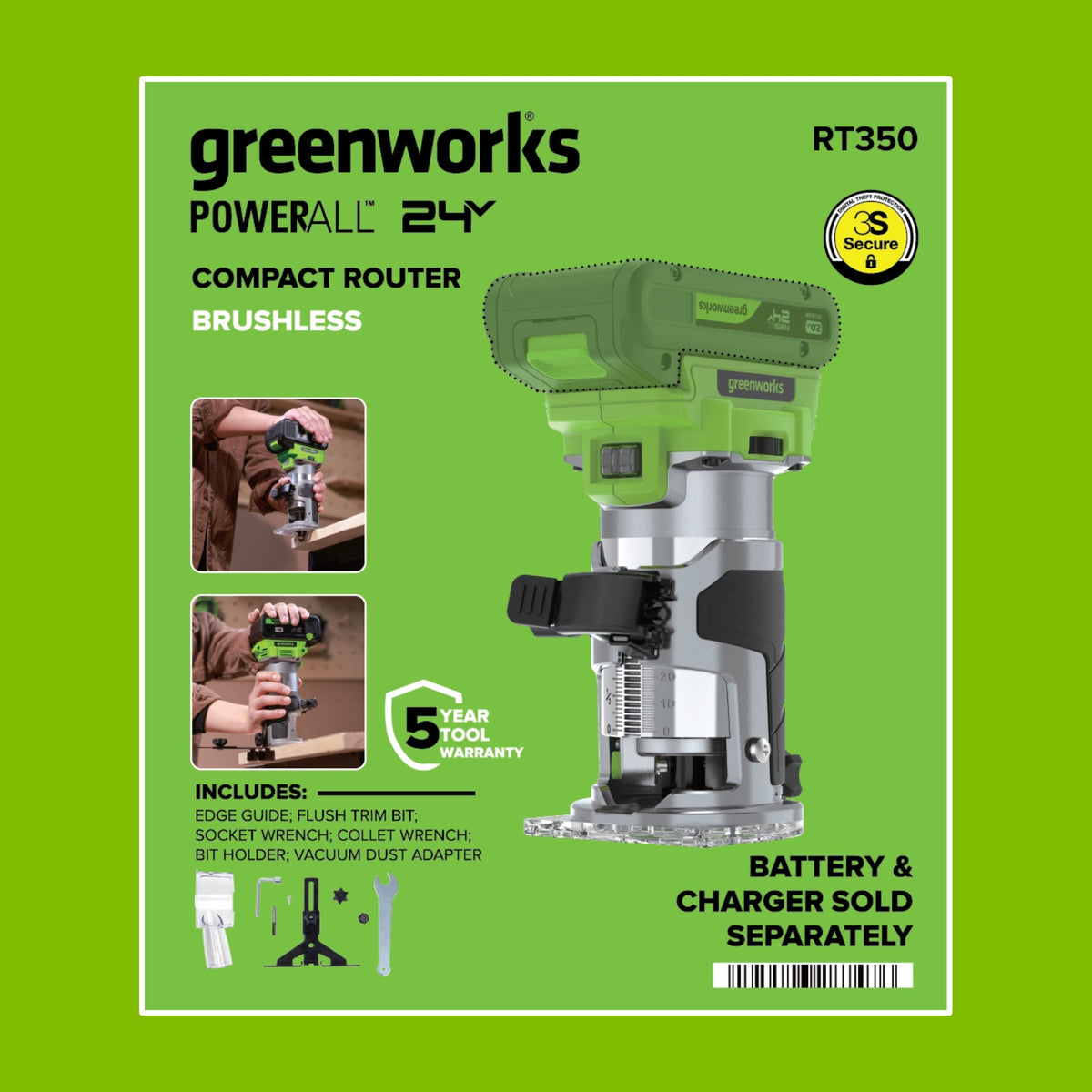 24V PowerAll Compact Router, Tool Only, with Edge Guide, Flush Trim Bit, Socket and Collet Wrenches, Bit Holder and Vacuum Dust Adaptor