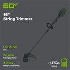 60V 16" Cordless Battery String Trimmer w/ 2.5Ah Battery and 3A Charger