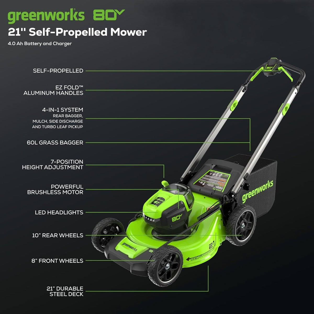 OPEN BOX 80V 21" Cordless Battery Brushless Self-Propelled Mower 3pc Combo Kit: 4.0 Ah Battery and 4A Charger