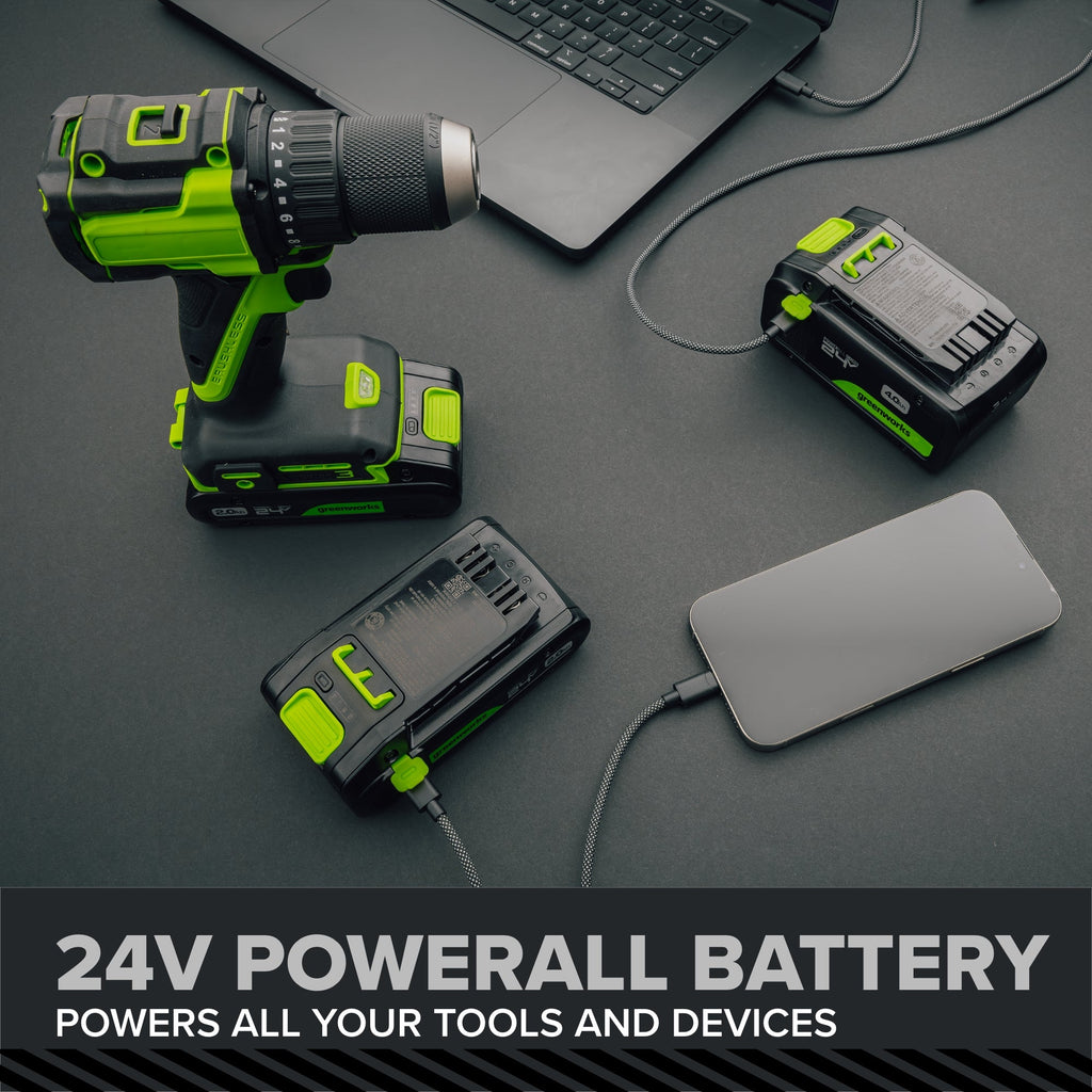 24V PowerAll Pro 1/2" 530 in-lb Drill Driver, with 2.0Ah USB-C Battery, 30W Charger Block, 3' 100W Cable and 10-PCS Drill Bit Set