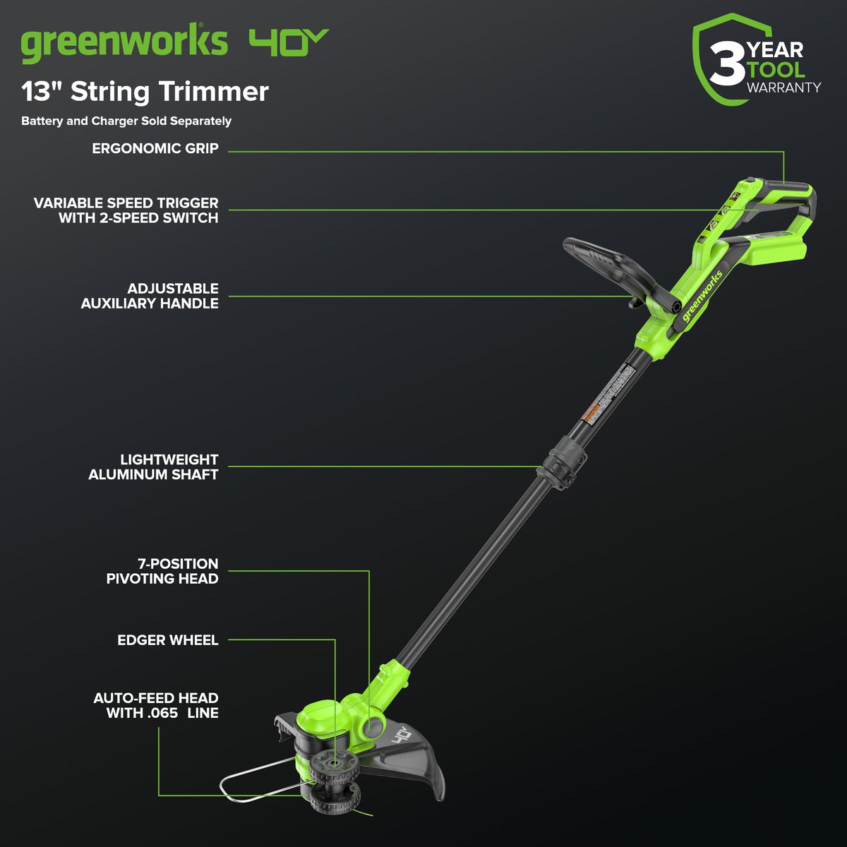 40V 13" Cordless Battery String Trimmer / Edger, 20PC Blades (Tool Only)