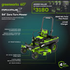 60V 54" MaximusZ Zero Turn Riding Mower: (2) 20.0 Ah (2) 8.0 Ah and (2) 4.0 Ah Batteries and 1.5kW Charger, MZ5461