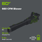 60V 660 CFM Cordless Battery Brushless Leaf Blower: 2.5 Ah Battery and Charger