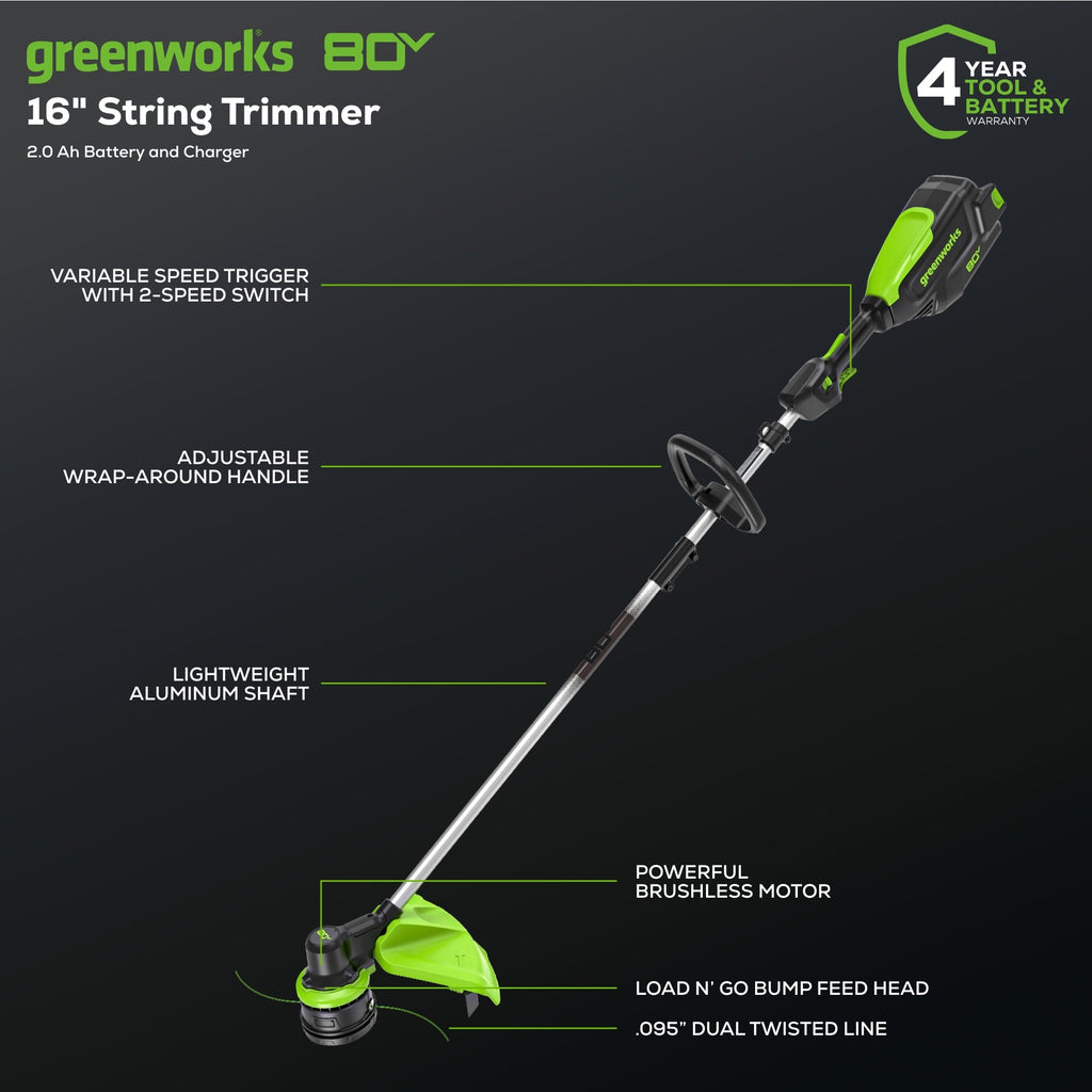 80V Cordless Brushless 16" String Trimmer and 700 CFM Blower Combo Kit: 2.5 Ah Battery and 4Amp Charger