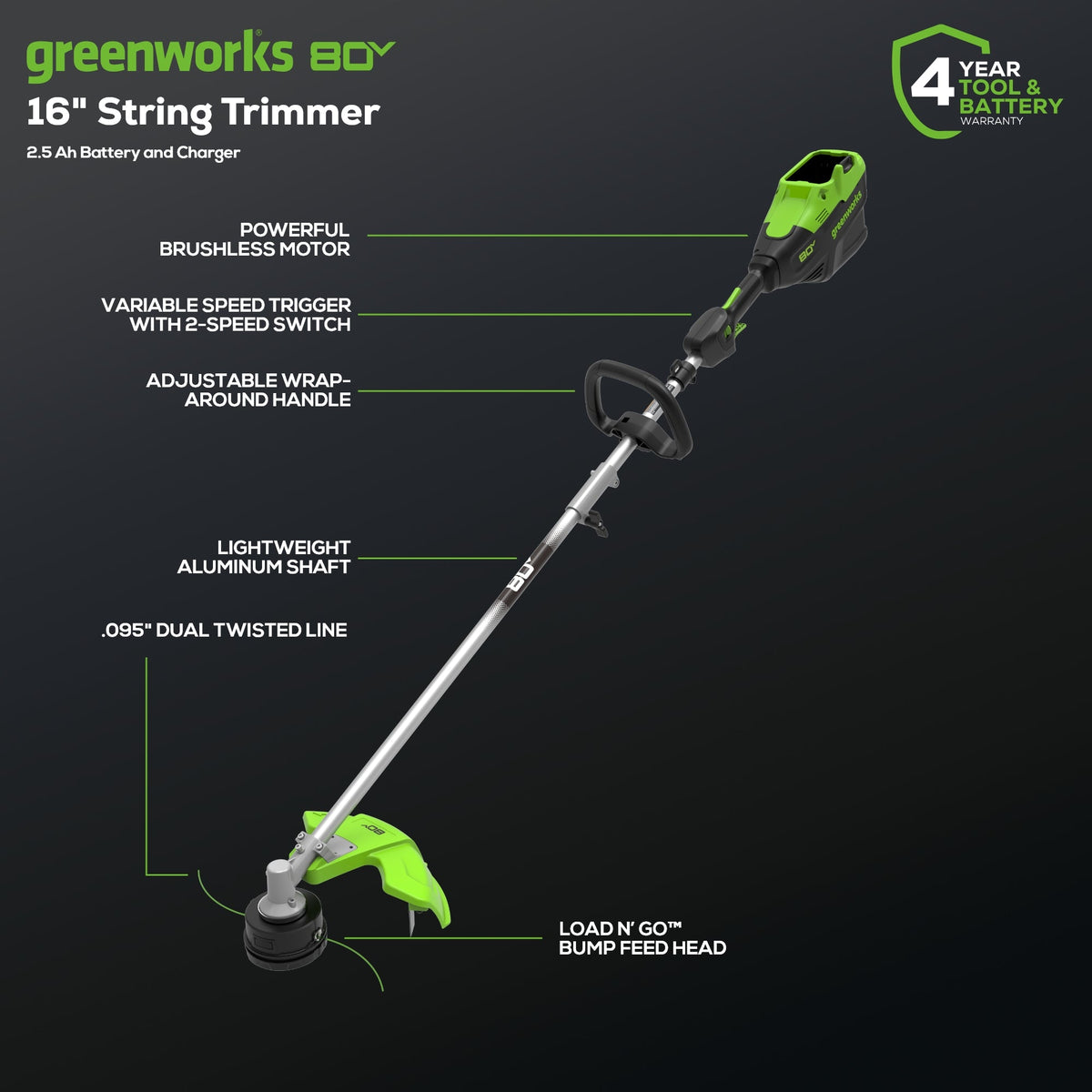 80V 16" Gen3 Cordless Brushless String Trimmer (Attachment Capable): 2.5 Ah Battery and Charger