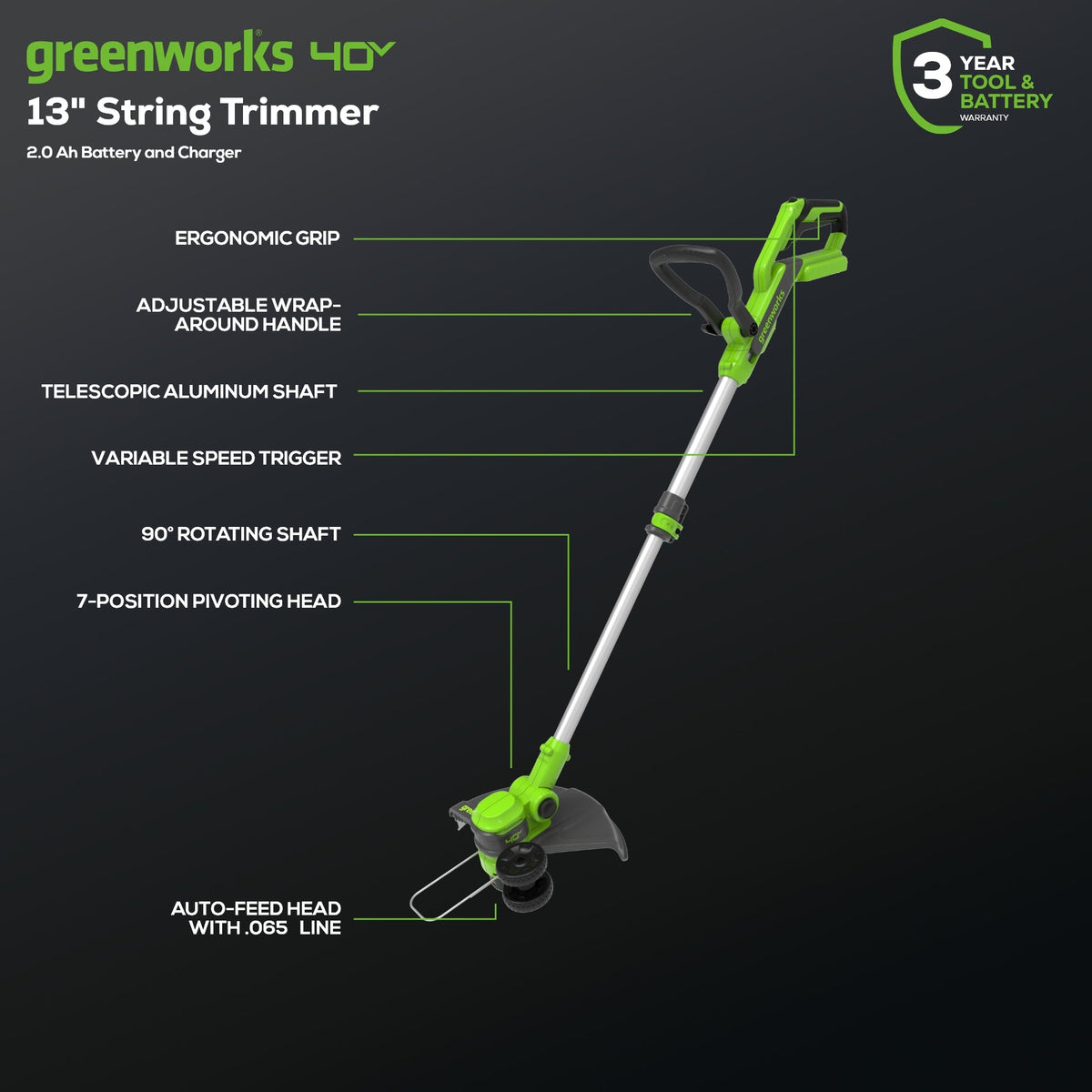 40V 13" Gen 2 Cordless Battery String Trimmer / Edger: 2.0 Ah Battery and Charger