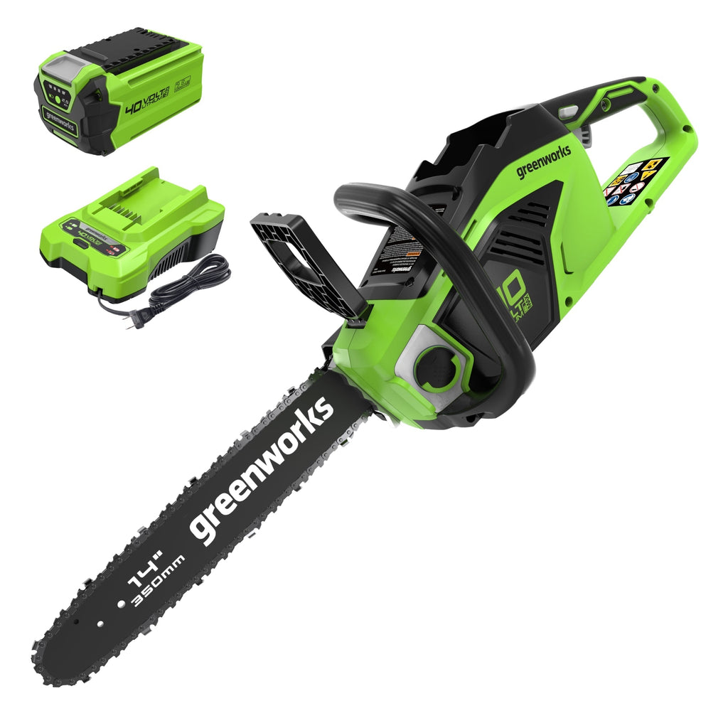 40V 14" Cordless Battery 1.0 kW Chainsaw and 10" Pole Saw and Hedge Trimmer Attachment: (2) 2.5 Ah Battery and (2) Chargers