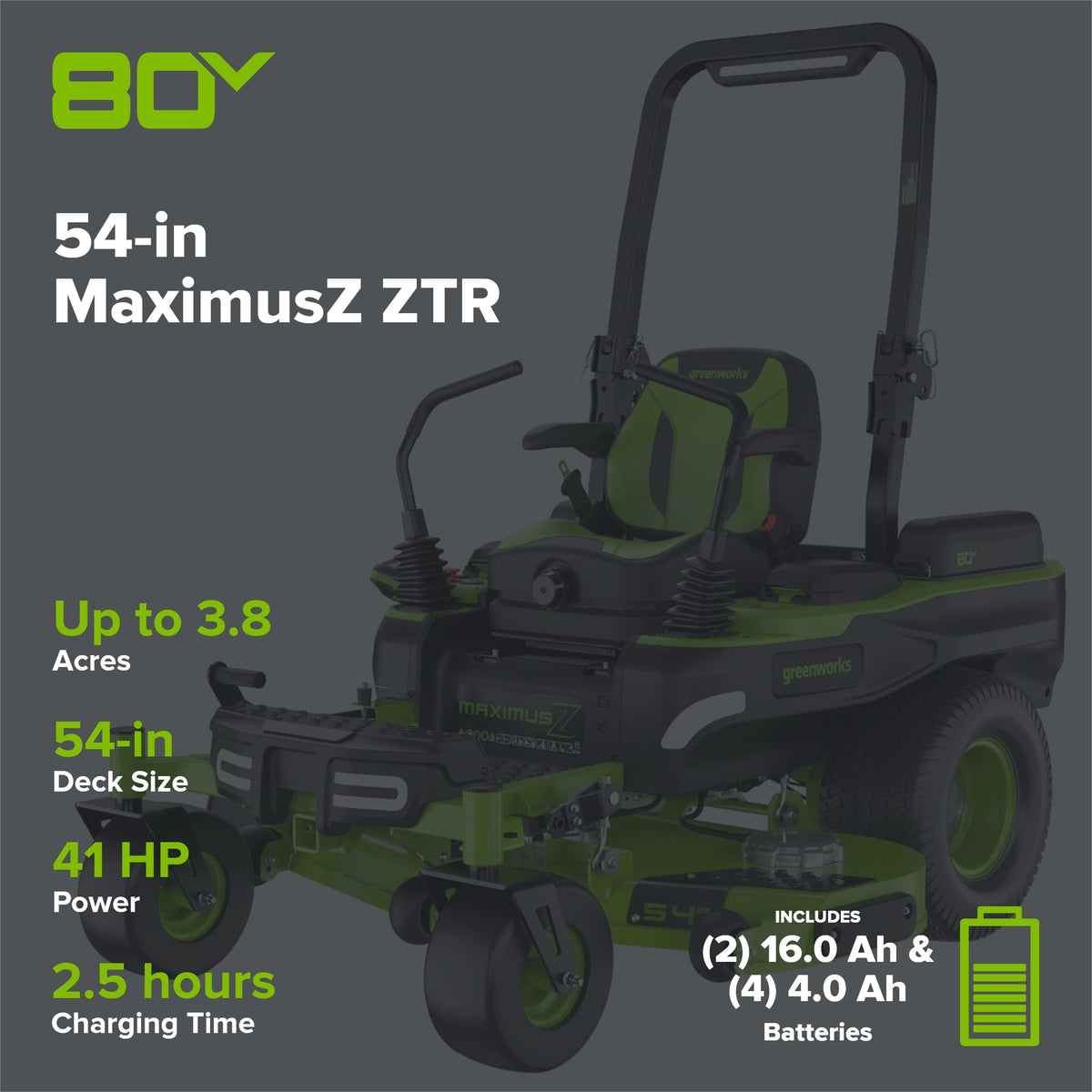 80V 54" MaximusZ Zero Turn Riding Mower with (2) 16.0 Ah and (4) 4.0 Ah Batteries and 1.5kW Charger, MZ5481