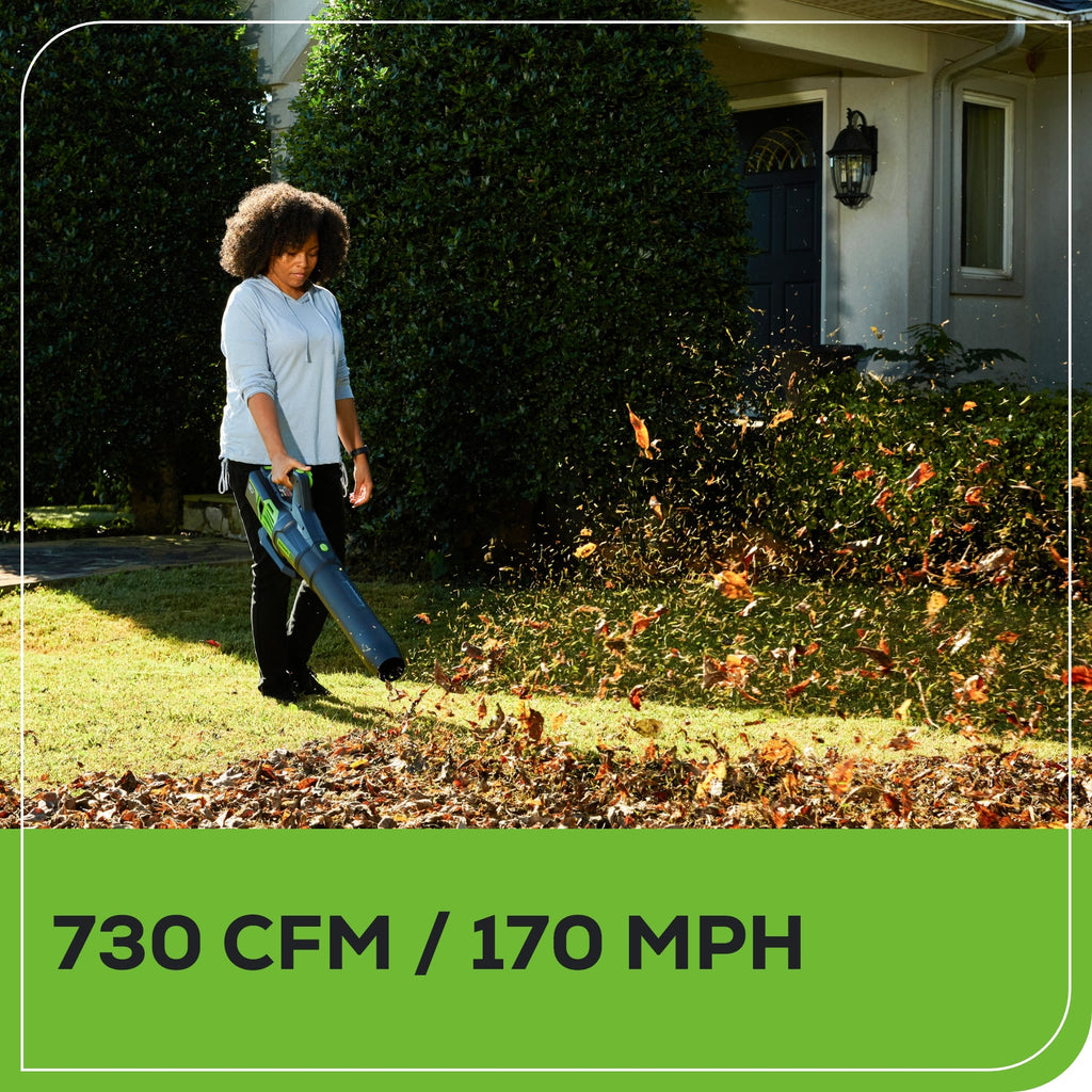 RENEWED 80V 730 CFM Cordless Battery Leaf Blower, Extra Shoulder Strap: 2.5 Ah Battery and Rapid Charger