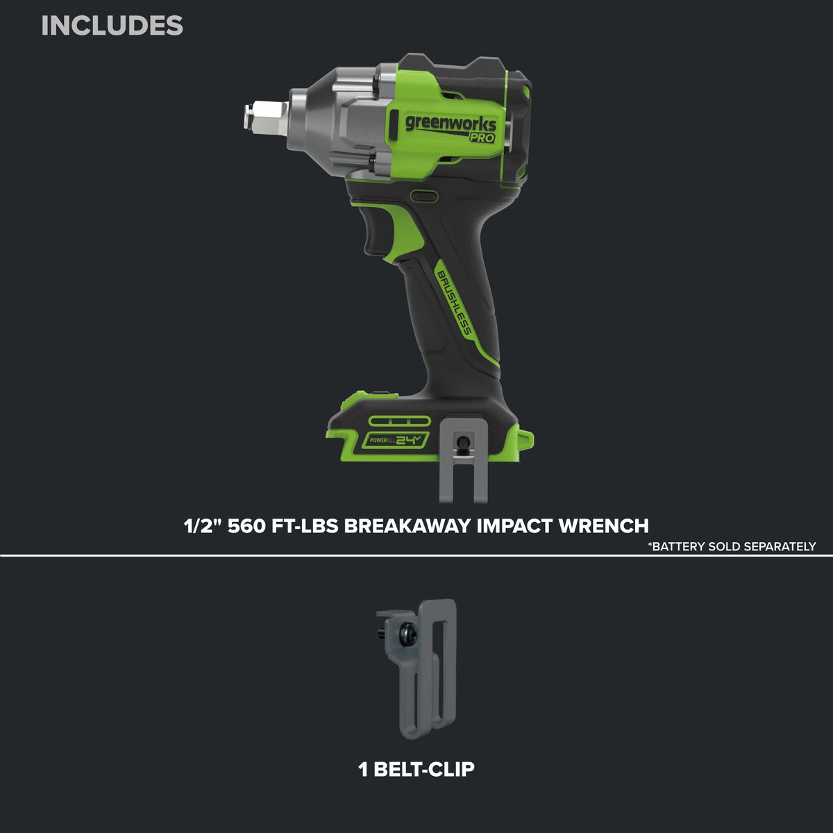 24V PowerAll Pro 560 ft-lb Breakaway Torque 1/2" Impact Wrench, Tool Only