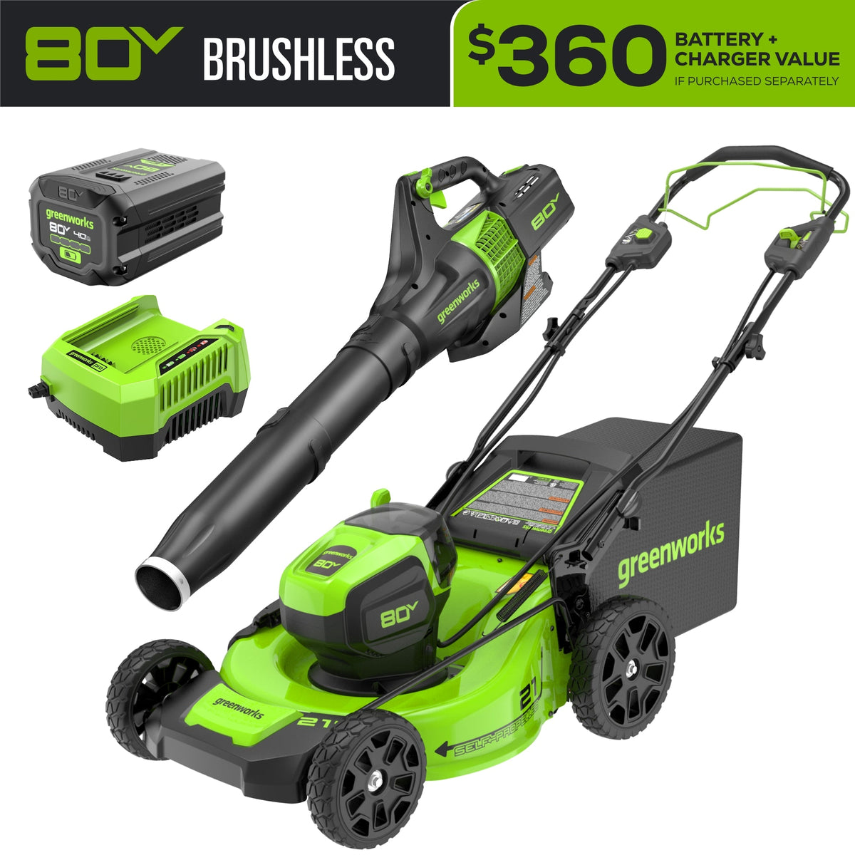 80V 21" Cordless Battery Self-Propelled Mower and Blower: 4.0 Ah Battery and Rapid Charger