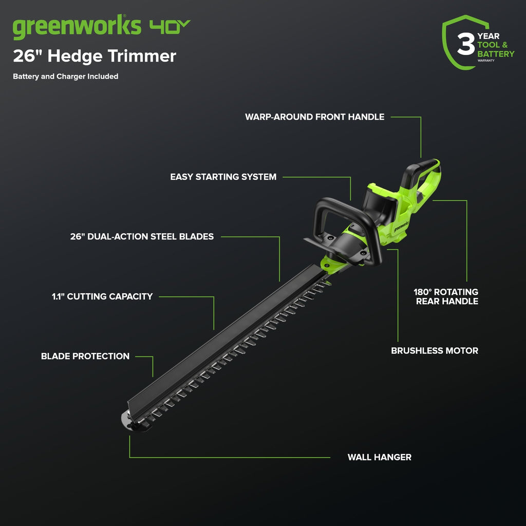 40V 26" Cordless Battery Hedge Trimmer: 2.0 Ah Battery and Charger