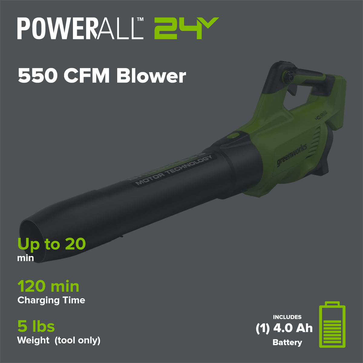 40V 550 CFM Cordless Battery Leaf Blower w/ 4.0 Ah Battery & Charger