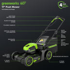 60V 17" Cordless Battery Push Lawn Mower: 4.0 Ah Battery and Charger, LM1716