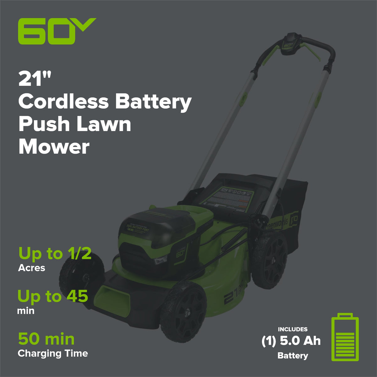 60V 21" Cordless Battery Push Mower and 610 CFM Blower Combo Kit w/ 5.0Ah Battery and Charger