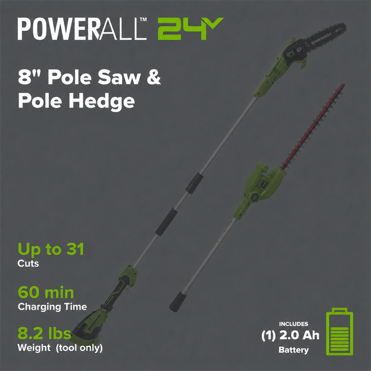 24V 8" Cordless Battery Polesaw and Pole Hedge Trimmer Combo Kit, 2Ah USB Battery and Charger