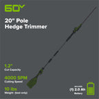 60V 20"  6-position Cordless Battery Pole Hedge w/ 2Ah Battery and 3A Charger