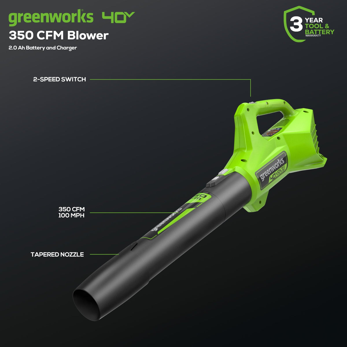 40V 350 CFM Cordless Battery Leaf Blower: 2.0 Ah Battery and Charger