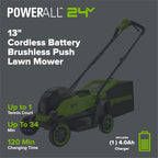 24V 13" Cordless Battery Brushless Push Lawn Mower: 4.0 Ah Battery and Charger, LM1322