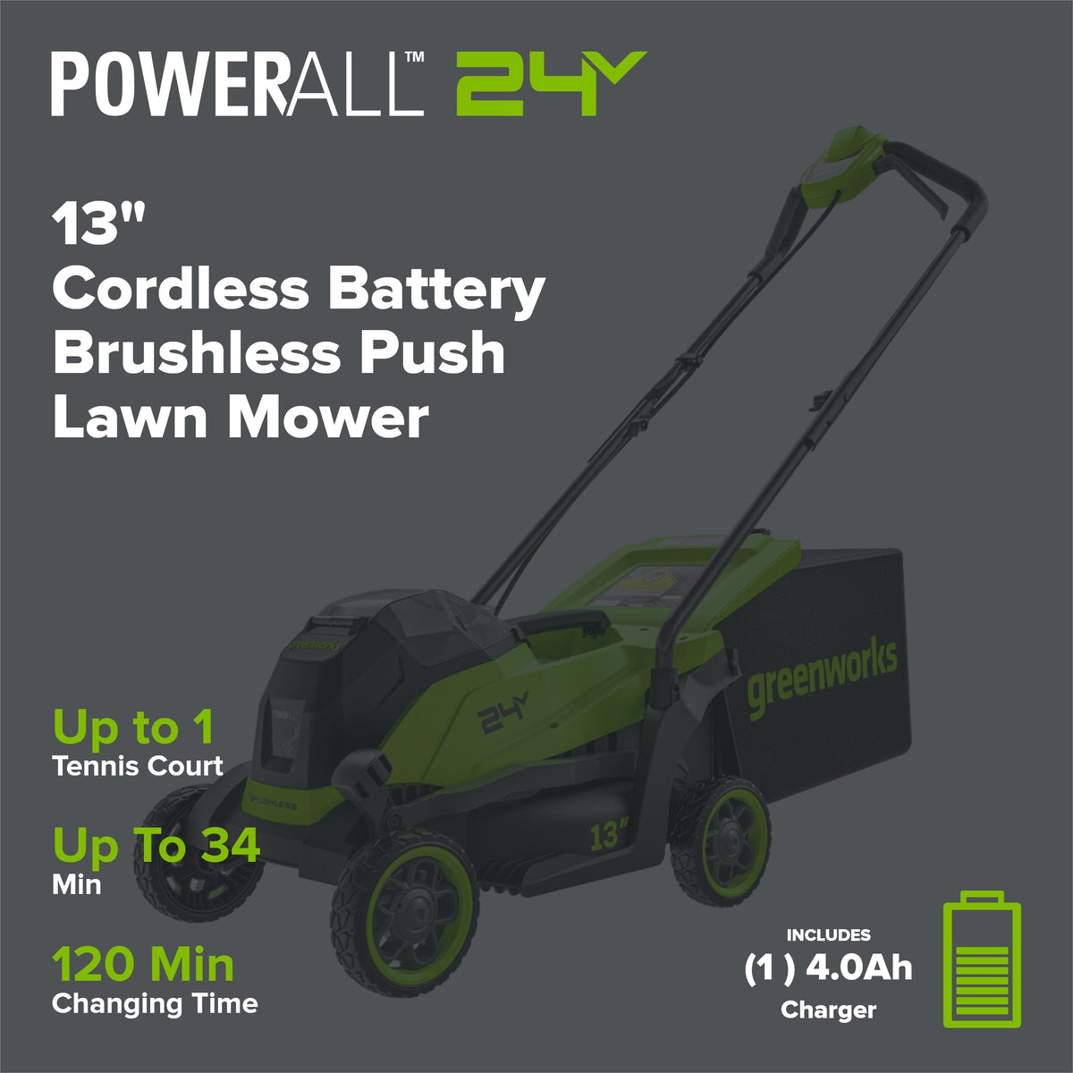 24V 13" Cordless Battery Brushless Push Lawn Mower: 4.0 Ah Battery and Charger, LM1322