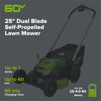 60V 25" Cordless Battery Self-Propelled Mower Combo Kit, Blower: (2) 4.0 Ah Batteries and Dual-Port Charger