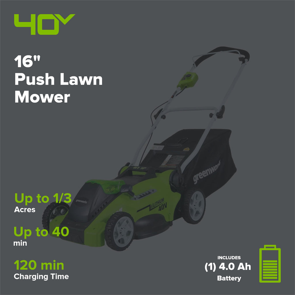 40V 16" Cordless Battery Push Lawn Mower w/ 4.0Ah Battery & Charger, LM1604