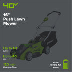 40V 16" Cordless Battery Push Lawn Mower w/ 4.0Ah Battery & Charger, LM1604