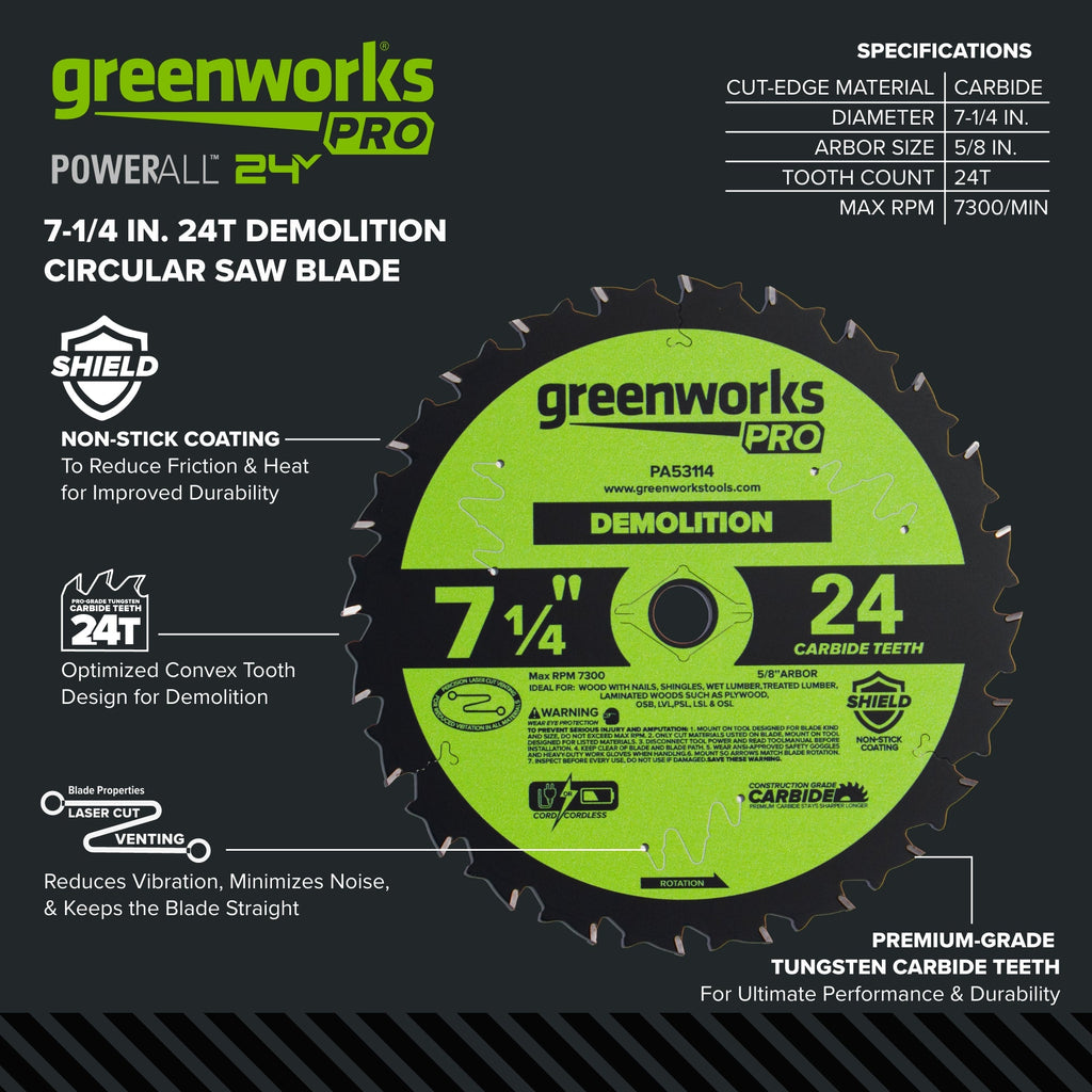 Pro 24-Tooth 7-1/4" Demolition Circular Saw Blade with Construction-Grade Carbide Teeth