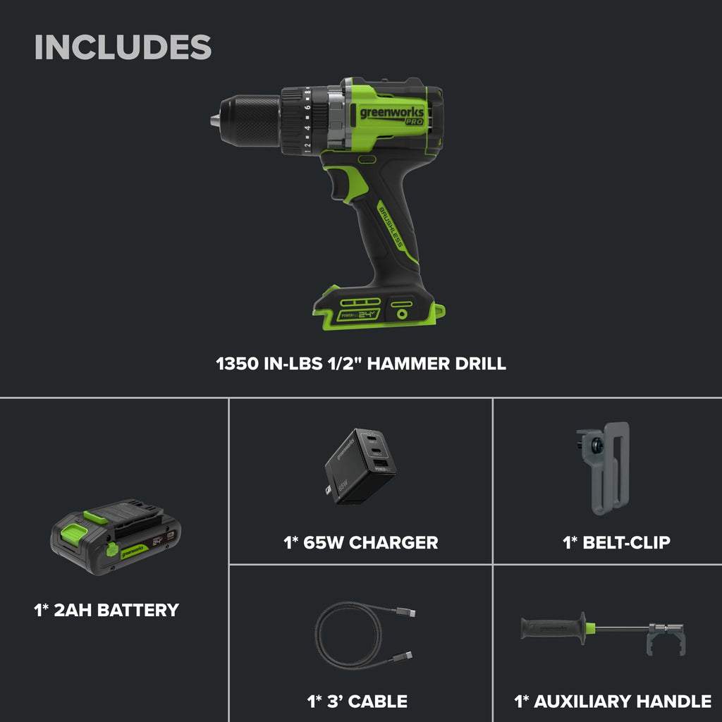 24V PowerAll Pro 1,350 in-lb 1/2" Hammer Drill, with 2.0 Ah USB-C Battery, 65W Charger, Belt Clip, and Auxiliary Handle