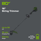 80V 16" Cordless Battery String Trimmer( .095 line) w/ 2.0 Ah Battery & 4.0Amp Charger