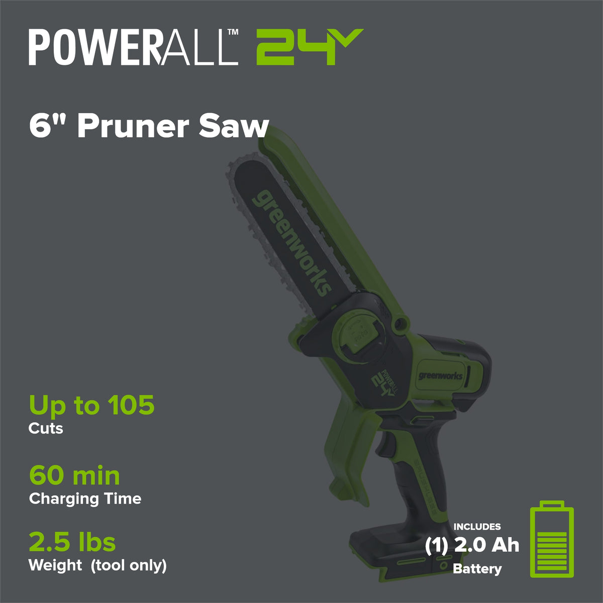 24V 6" Cordless Battery Brushless Pruner Saw: 2.0 Ah Battery and Charger