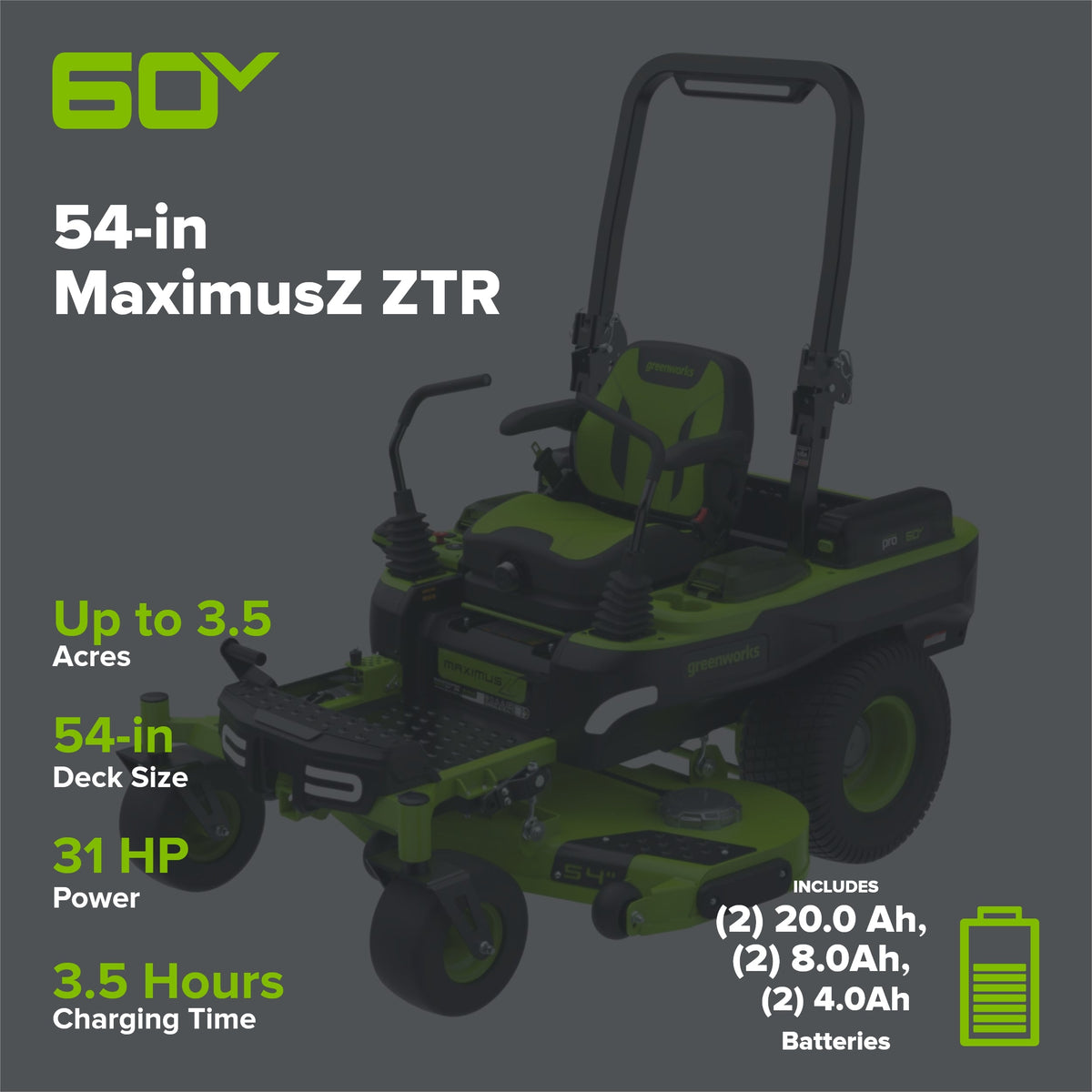 60V 54" MaximusZ Zero Turn Riding Mower: (2) 20.0 Ah (2) 8.0 Ah and (2) 4.0 Ah Batteries and 1.5kW Charger, MZ5461