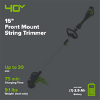 40V 15" Cordless Battery String Trimmer (Front Mount): 2.5 Ah Battery and Charger