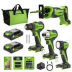 24V Cordless 280 in-lbs Drill/Driver 4PC Power Tool Combo Kit: (2) 2.0 Ah USB-C Batteries, (1) 30W USB-C Charger, (1) 3' 100W USB-C Cable and 34-Piece Accessory Sets