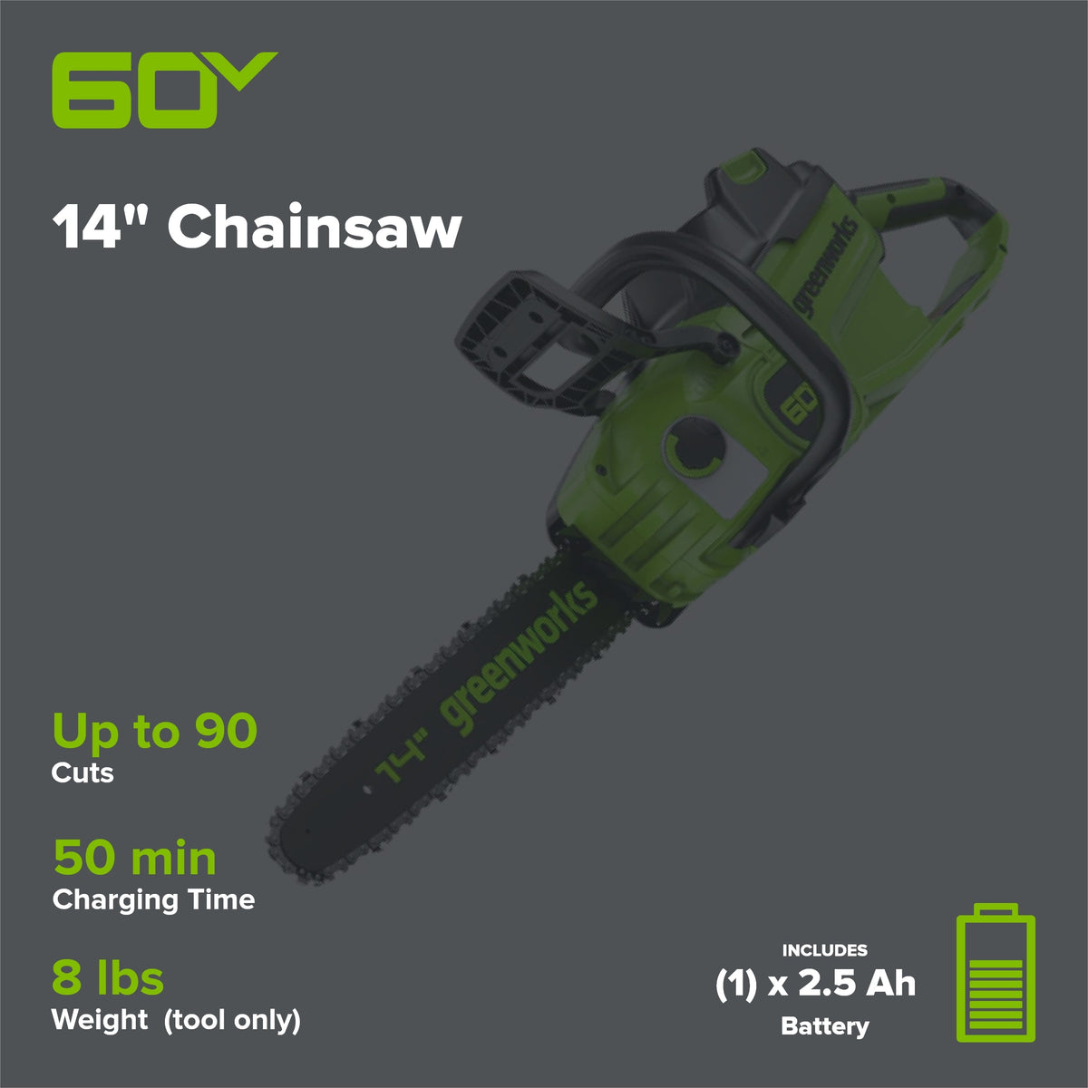 60V 14" Cordless Battery 1.2kW Chainsaw: 2.5 Ah Battery and 3A Charger