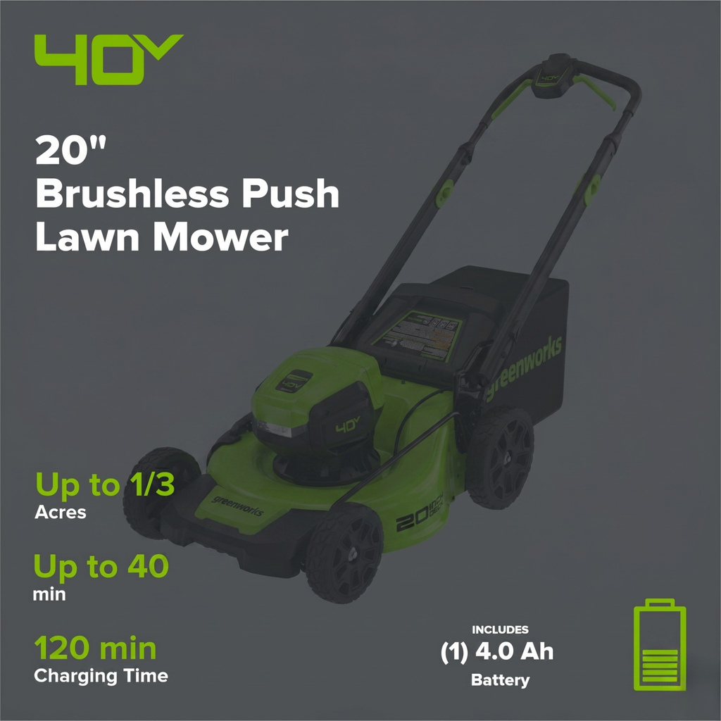 40V 20" Cordless Battery 4-in-1 Push Lawn Mower: 4.0 Ah Battery and 2A Charger, LM2054